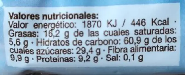 Galletas integrales eco de espelta con chocolate y avellanas nutrition facts table