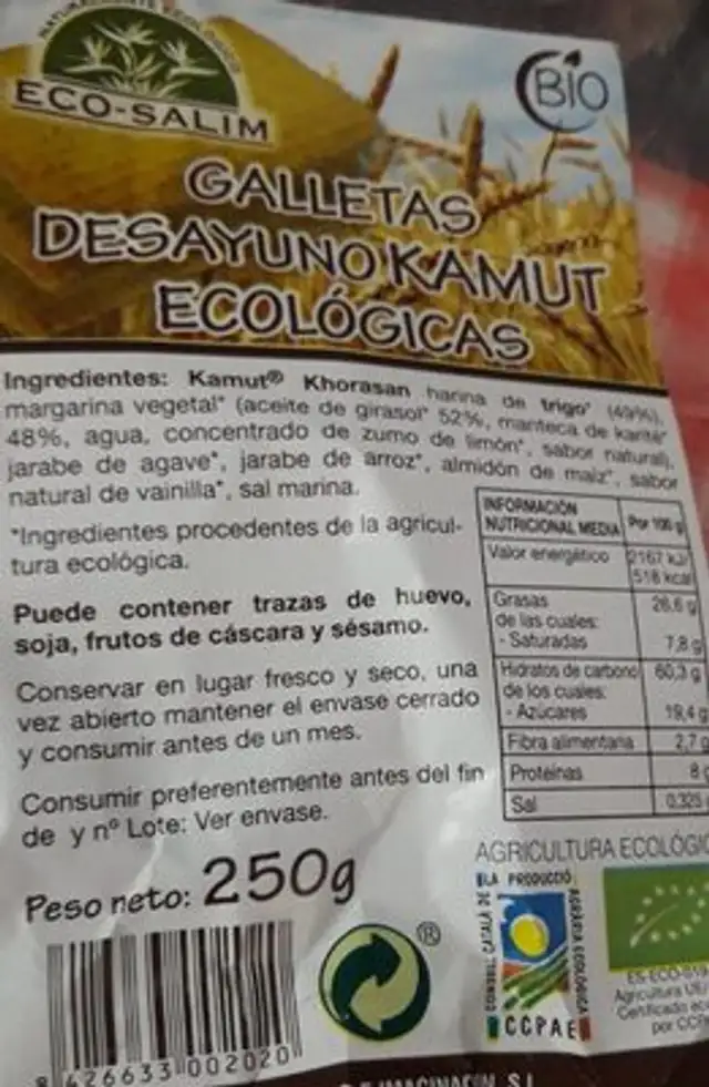 Galletas De Kamut Ecologicas Int Salim nutrition facts table