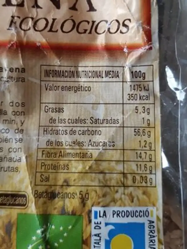 Produit avena precocido ecológico nutrition facts table