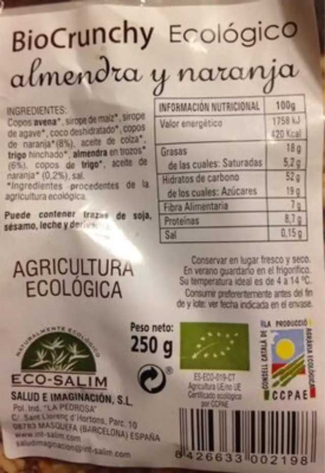 Bio Crunchy Almendra Y Naranja Eco Int-salim nutrition facts table