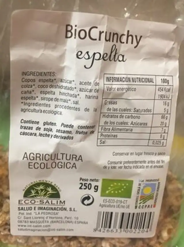 Biocrunchy espelta nutrition facts table