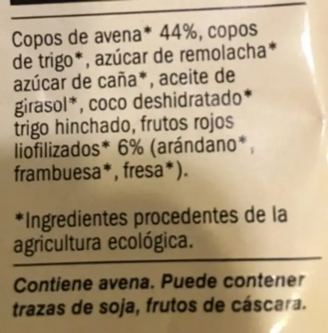 Biomuesli crocante ingredients label