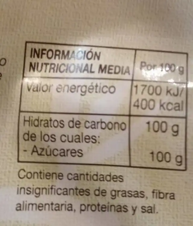 Azúcar integral de panela nutrition facts table