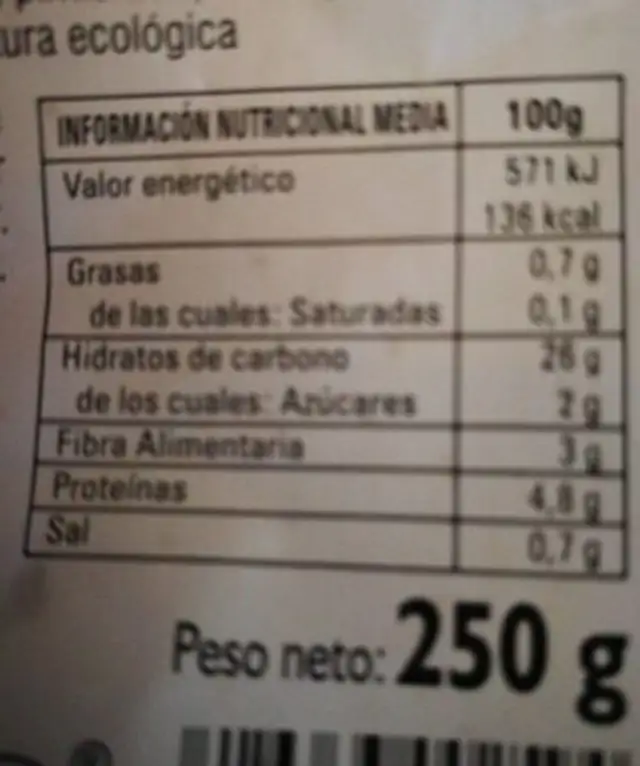 TABOULÉ ECOLOGICO nutrition facts table