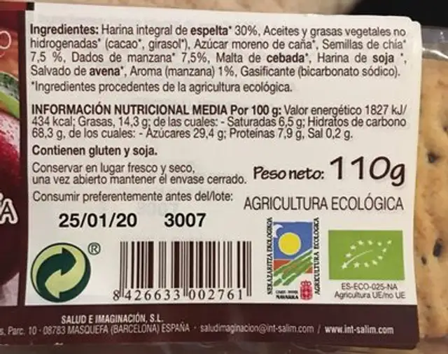 Galleta de espelta con semillas de chía y manzana ecologica nutrition facts table