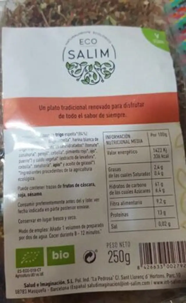 Fideuà vegetal de espelta nutrition facts table