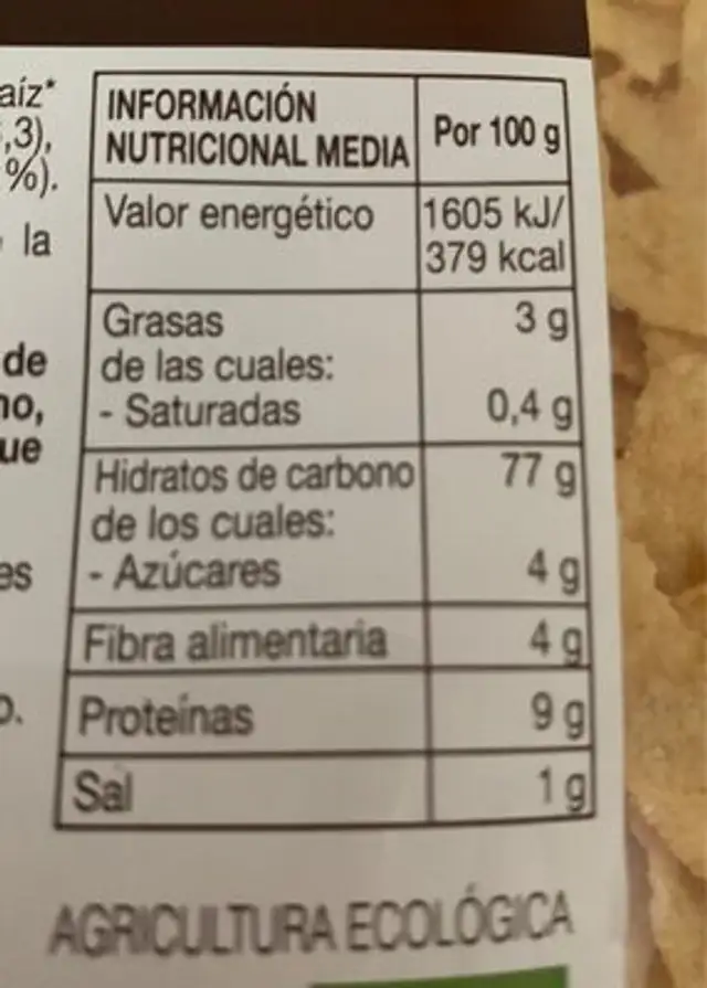 Copos crujientes de Maíz y Quinoa Ecológicos nutrition facts table