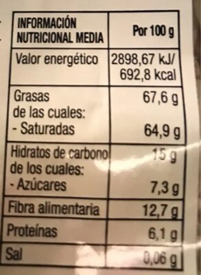 Chips de coco deshidratados nutrition facts table