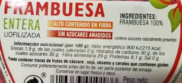 Frambuesa entera liofilizada nutrition facts table