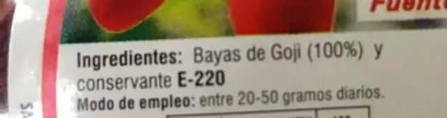 Bayas de goji ingredients label