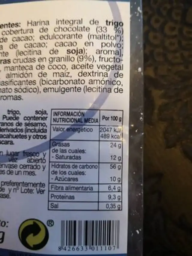 Galletas integrales venecianas nutrition facts table