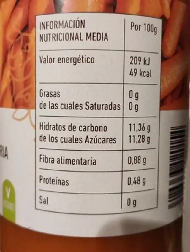 Zumo Zanahoria nutrition facts table
