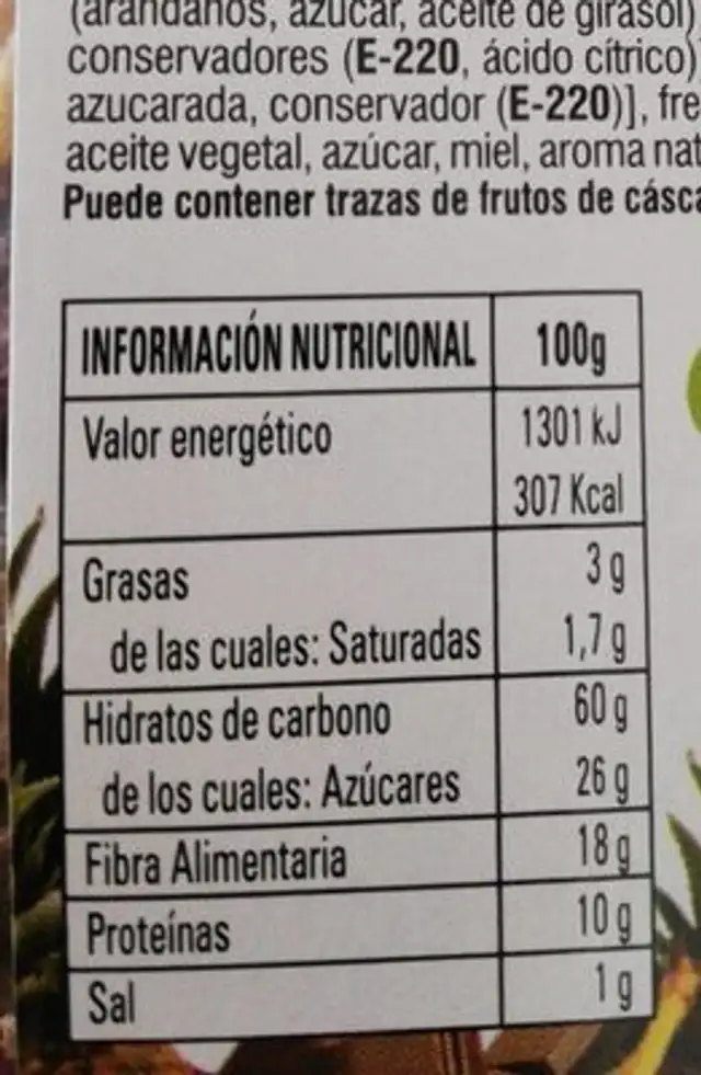 Muesli fruta y fibra nutrition facts table