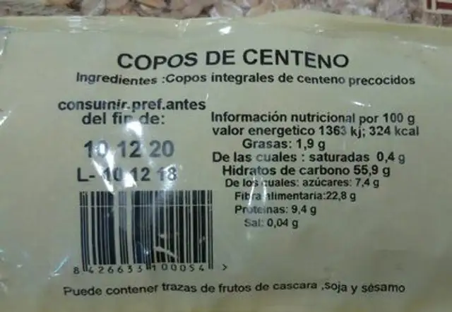 Copos de centeno nutrition facts table