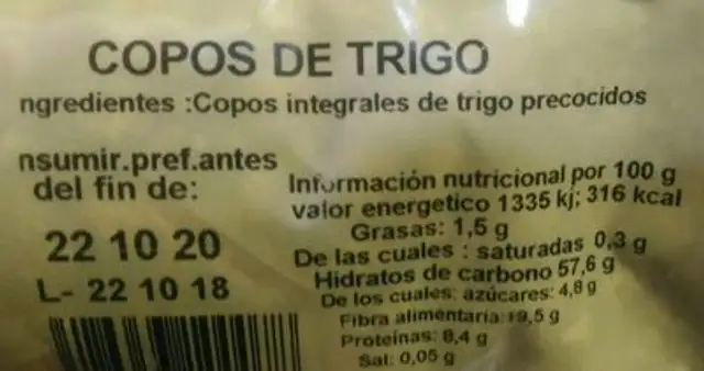 Copos de Trigo nutrition facts table