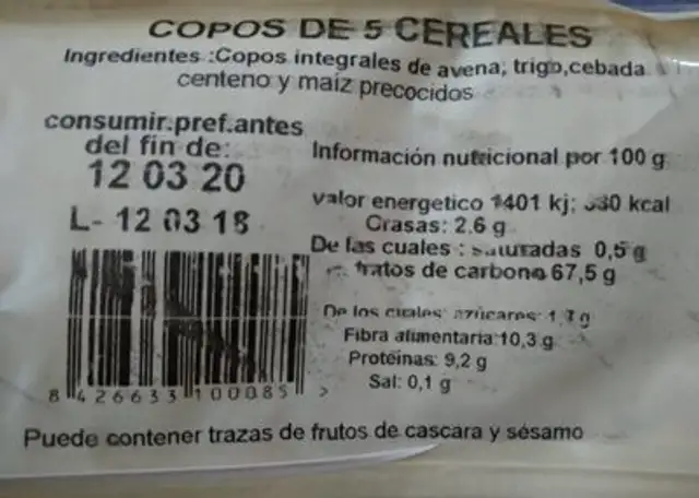 Copos de 5 cereales nutrition facts table