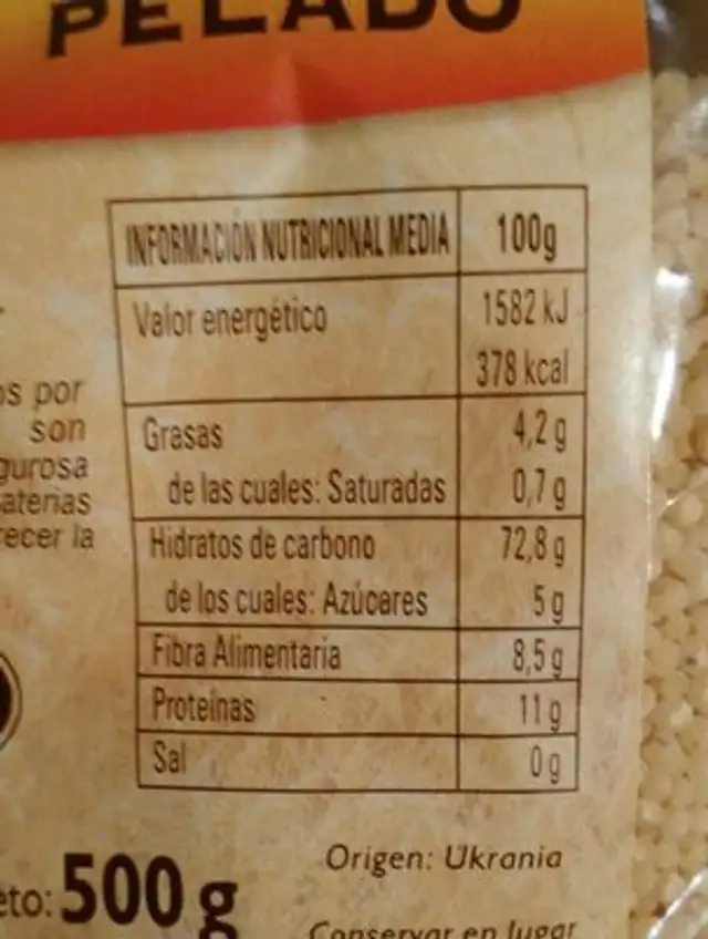 Mijo pelado nutrition facts table
