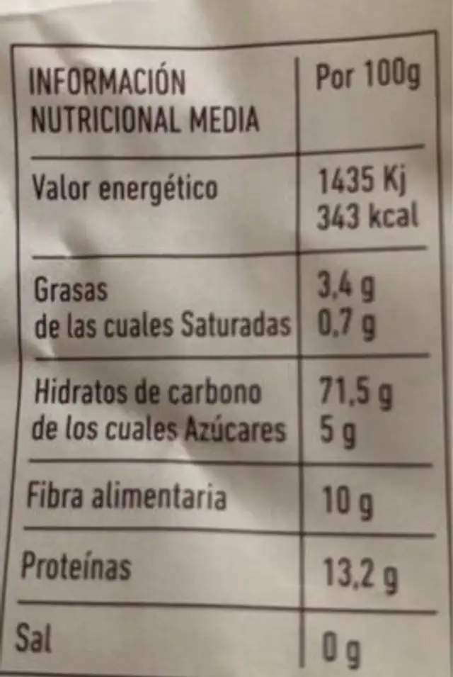 Trigo Sarraceno nutrition facts table
