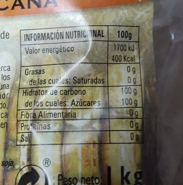 Azúcar integral de caña nutrition facts table