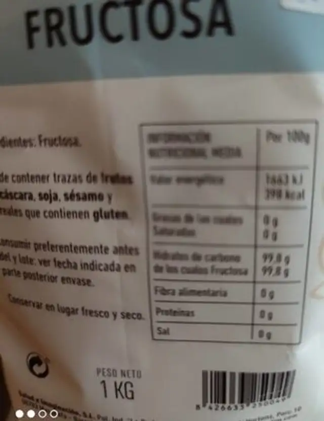 Fructosa nutrition facts table