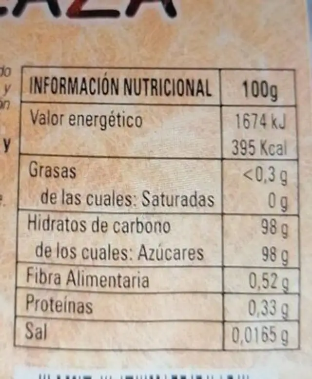 Azúcar integral de caña nutrition facts table