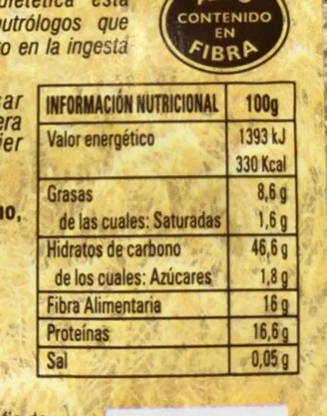 Salvado de avena nutrition facts table