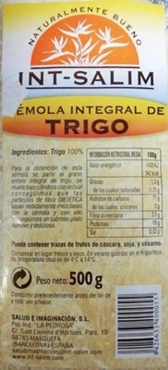 Sémola integral de trigo nutrition facts table