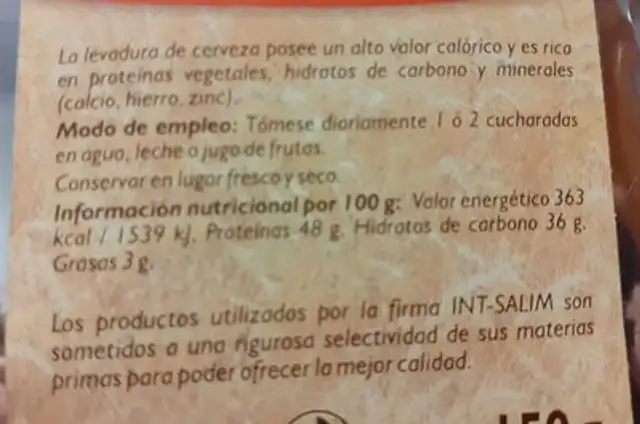 Levadura de cerveza estabilizada nutrition facts table