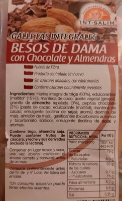 Galletas Integrales Besos de Dama con chocolate y almendras front packaging