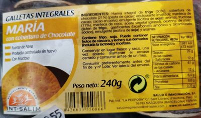 Galletas integrales Maria con cobertura de chocolate