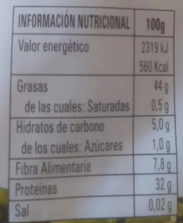 Pipas de calabaza nutrition facts table