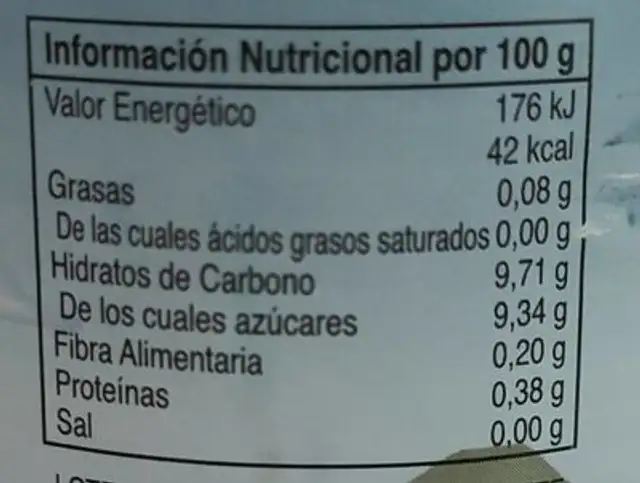 Zumo de piña a base de concentrado nutrition facts table