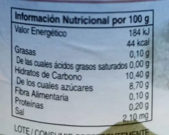 Nectar  de pera nutrition facts table