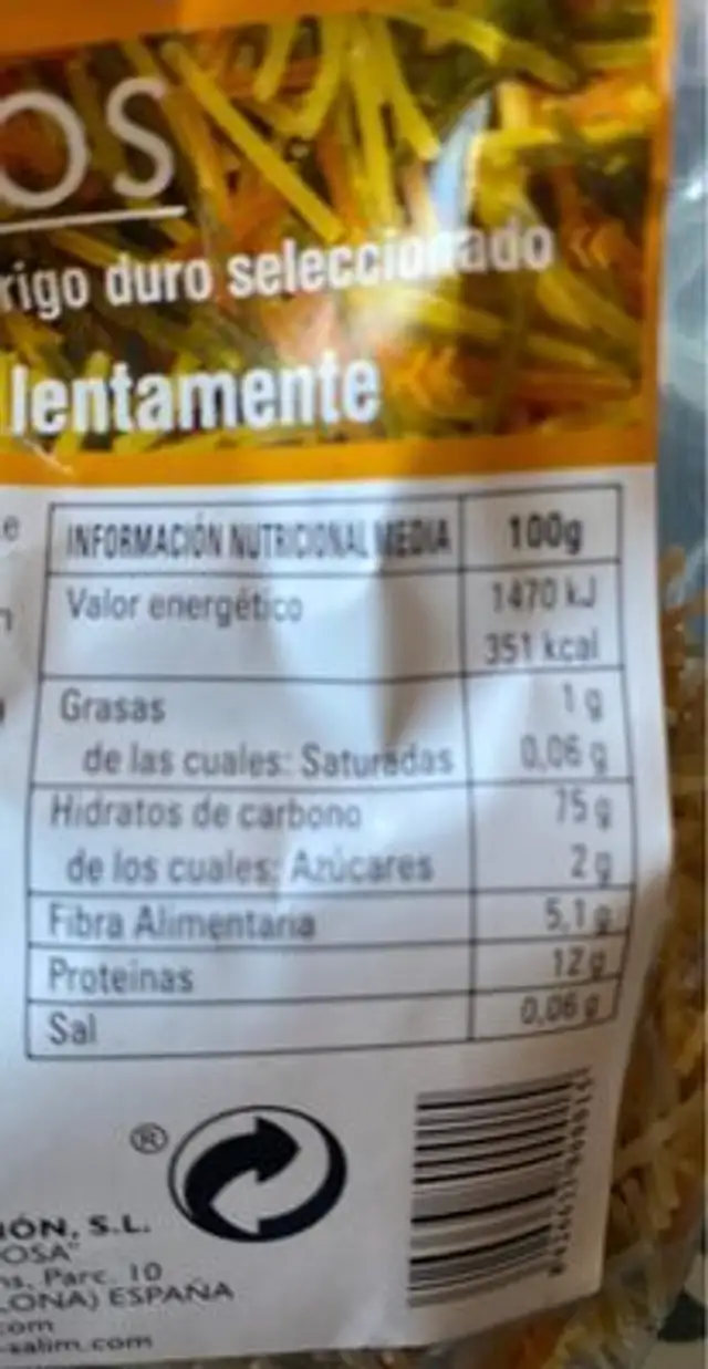 Fideos nutrition facts table