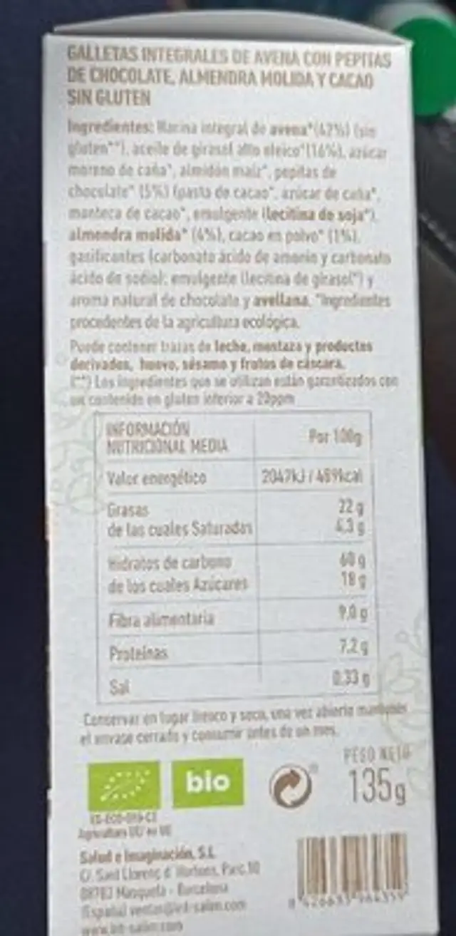 Galletas Integrales de avena sin gluten nutrition facts table