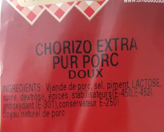 Chorizo extra pur porc doux ingredients label