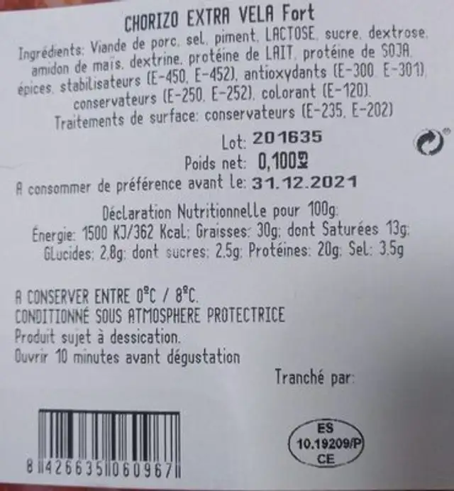 Chorizo extra vela fort nutrition facts table