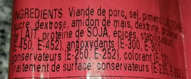 Chorizo extra ingredients label