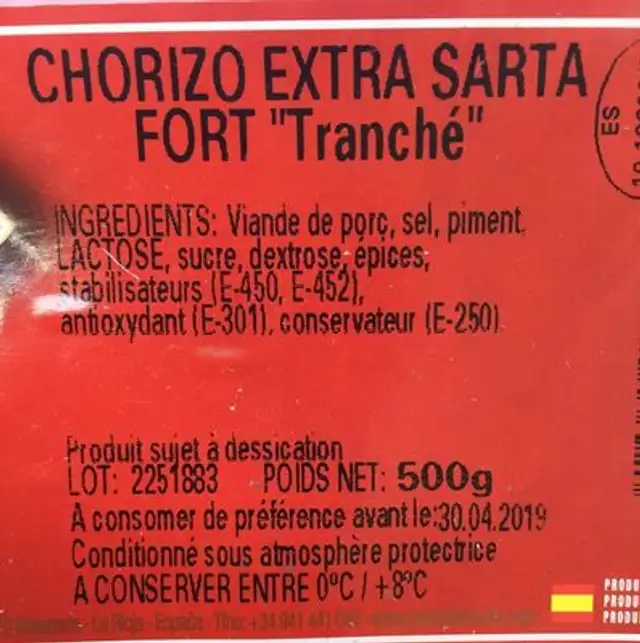 Chorizo extra fort ingredients label