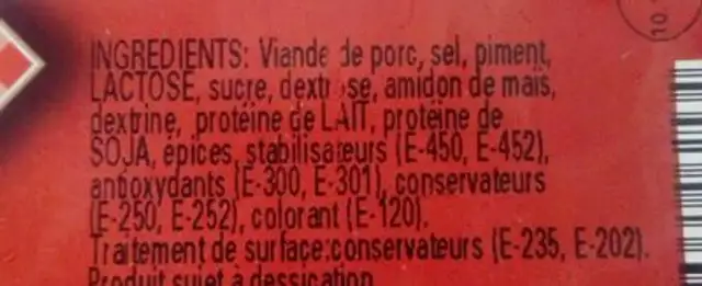 Chorizo cube ingredients label