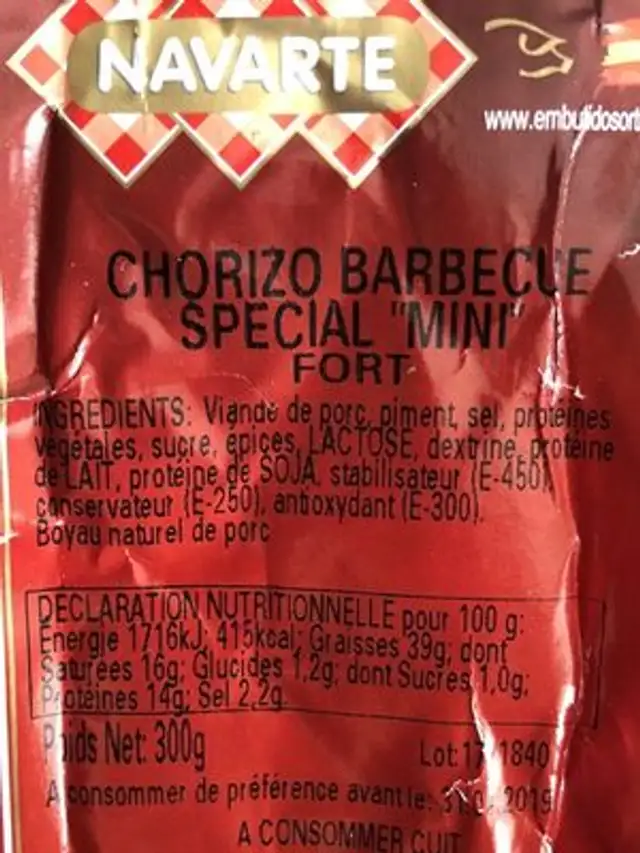 Chorizo Barbecue Special Mini Fort ingredients label