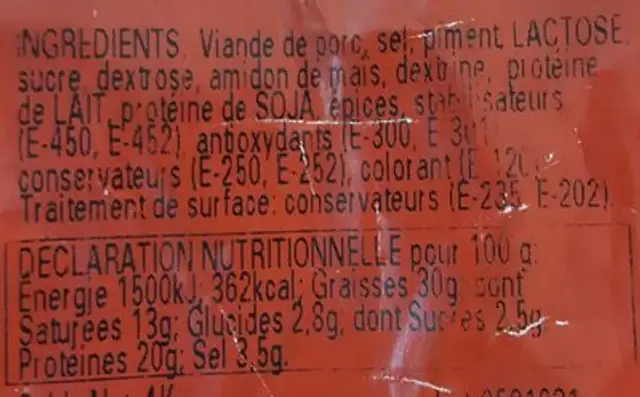 Chorizo extra cular fort ingredients label
