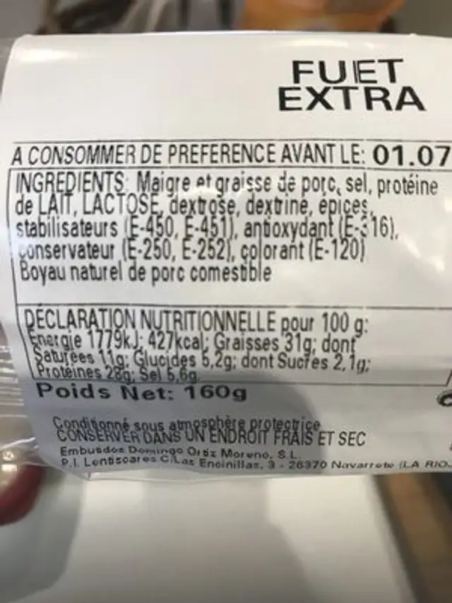 Saucisson Fuet Extra ingredients label