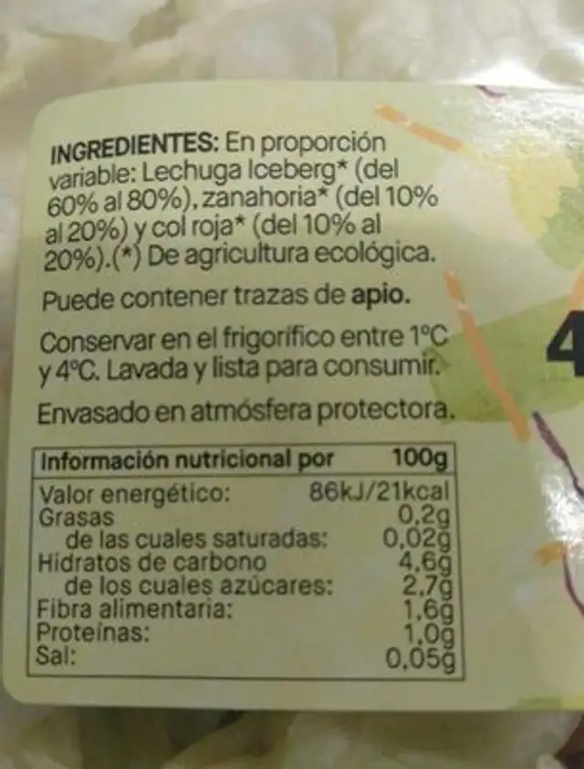 Ensalada 4 estaciones nutrition facts table