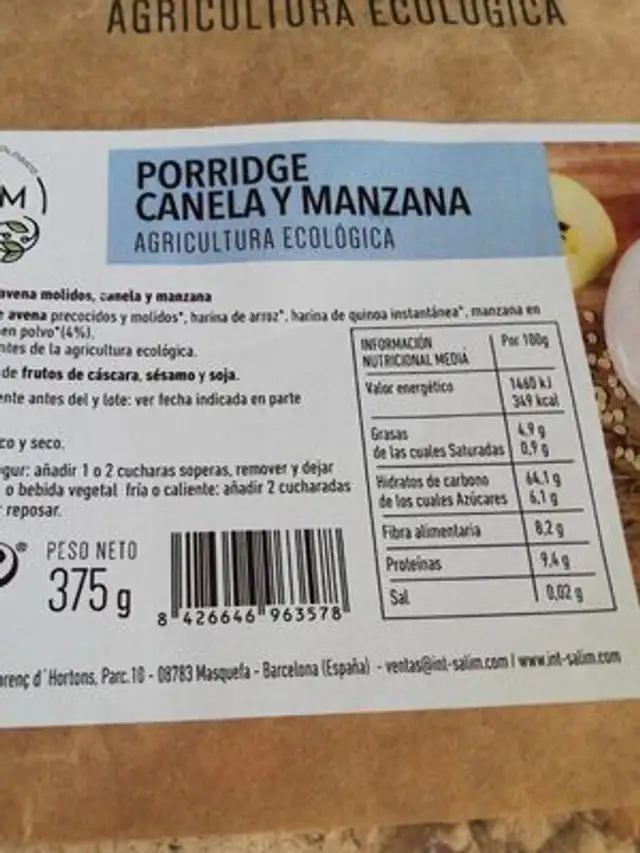 Porridge canela y manzana nutrition facts table