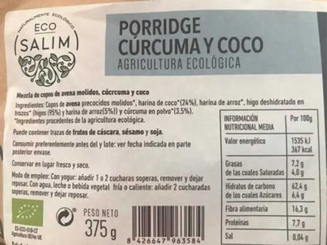 Porridge curcuma y coco nutrition facts table