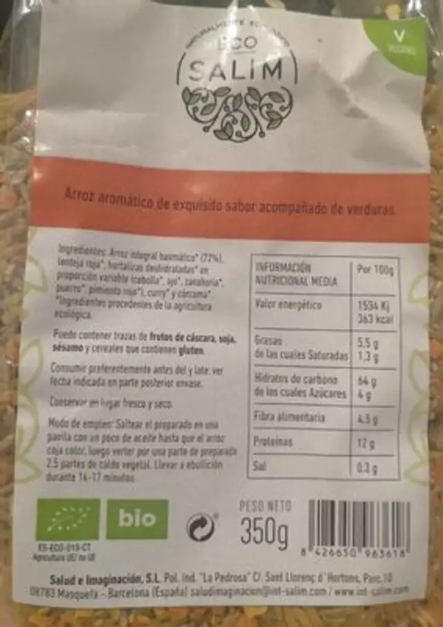 Arroz integral basmático de verduras nutrition facts table