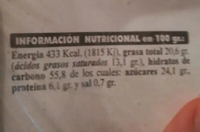 Panaderia "seles" nutrition facts table