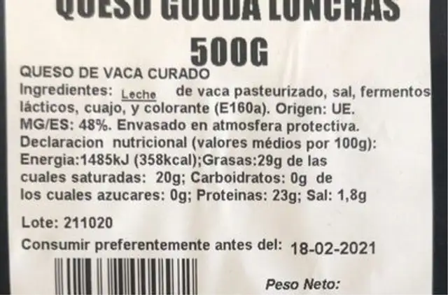 Queso gouda lonchas nutrition facts table