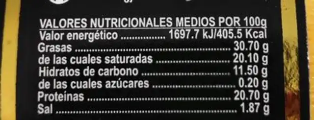Queso de Palo Santo nutrition facts table